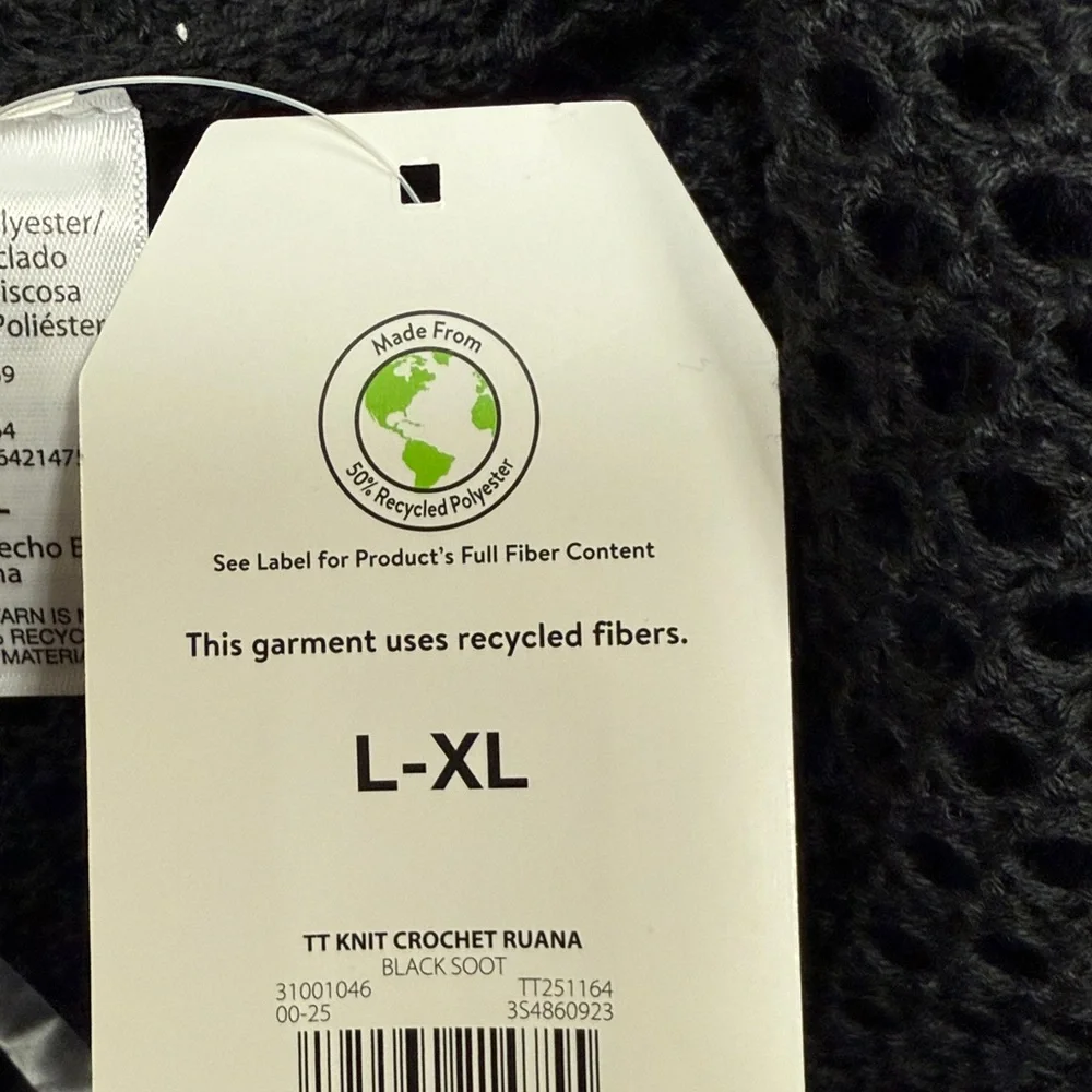 Time & Tru Black Open Knit Crochet Ruana L-XL‎ NWT